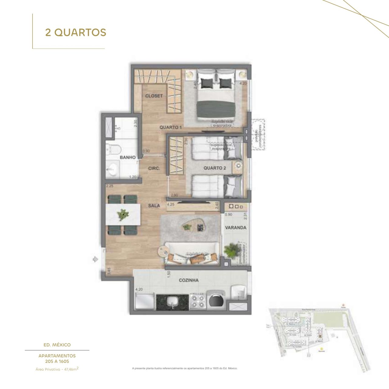 2 quartos · 47,46 m² · Ed. México