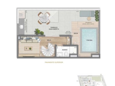 Cobertura duplex 2 quartos · 102,64 m² · pavimento superior