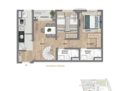 Cobertura duplex 2 quartos · 102,64 m² · pavimento inferior
